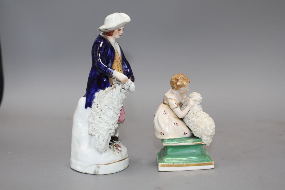 Two Staffordshire groups of a girl and a sheep and a shepherd with a ram, c.1840-50, H. 10 - 16.2cm